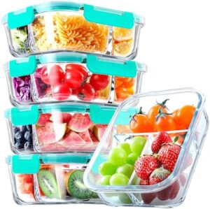 VERONES 5 Pack Glass Meal Prep Containers 3 Compartment Set, 36OZ Airtight Glass Lunch Containers, Glass Food Storage Containers with Lids, for Microwave, Oven, Freezer & Dishwasher Friendly,Green