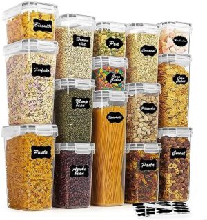 Vtopmart Airtight Food Storage Containers Set with Lids, 15pcs BPA Free Plastic Dry Food Canisters for Kitchen Pantry Organization and Storage, Dishwasher safe,Include 24 Labels, Grey