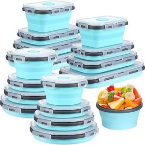 Yaomiao 16 Pack Collapsible Food Storage Containers Silicone Meal Prep Container with Lids, 8 Pcs Rectangle Bowls and 8 Pcs Round Bowls Foldable Microwave Freezer Dishwasher Safe (Gray, Blue)