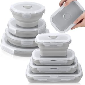 Zhehao Set of 8 Silicone Food Storage Containers Collapsible Storage Containers Collapsible Bowls with Lids Reusable Foldable Bento Lunch Box for Meal Prep Freezer Microwave, 4 Sizes (Grey)